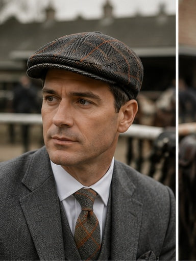 Man wearing a patterned flat cap and suit with a blurred background