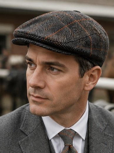 Man in grey suit wearing peaky punter flat cap 1920 edition